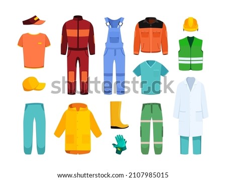 Industrial workwear. Jackets pants helmets professional clothes suit for workers couriers builders doctors uniform garish vector fashioned collection