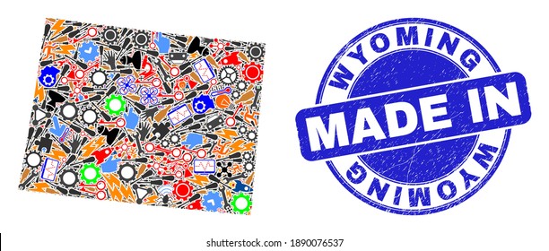 Industrial Wyoming State map mosaic and MADE IN grunge stamp seal. Wyoming State map mosaic composed with wrenches,wheel, tools,items,cars,power sparks,rockets.
