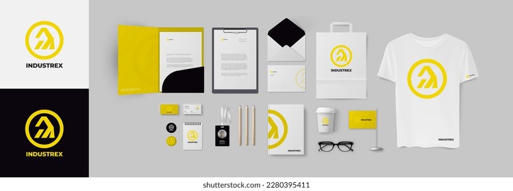 Industrial yellow logo and corporate identity set in minimal style with folder, business card and envelope. Corporate branding design bundle for build or technical company.