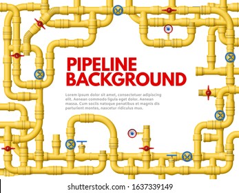 Industrial yellow pipeline. Pipeline frame, yellow pipes for gas or oil vector background illustration. Banner or poster design template with border made of connected conduits, valves, manometers.