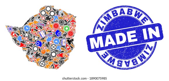 Industrial Zimbabwe map mosaic and MADE IN scratched seal. Zimbabwe map mosaic designed with spanners,cogs, tools,elements,cars,power bolts,bugs.