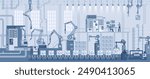 Industrial zone. Assembly line with robotic arms flat illustration. Automated production process, high tech machinery. Factory manufacturing industrial line 