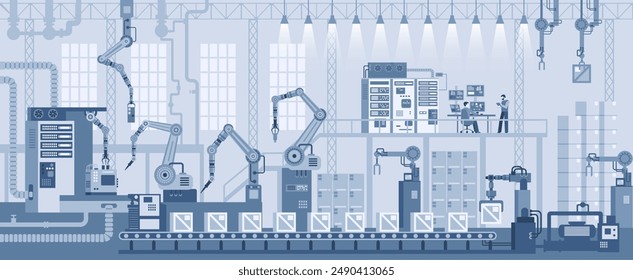 Industrial zone. Assembly line with robotic arms flat illustration. Automated production process, high tech machinery. Factory manufacturing industrial line 