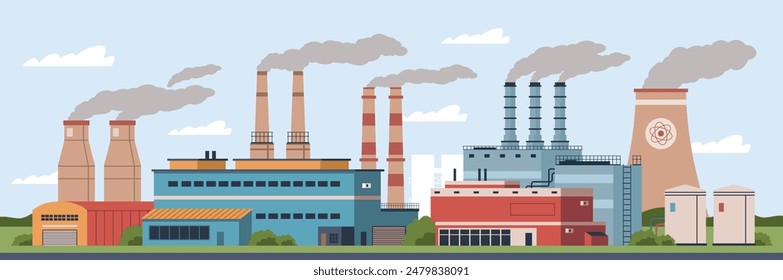 Industrial zone building. Factory with smoking pipes, nuclear power plant, getting electricity, atmosphere emissions, chimneys smoke cartoon flat isolated illustration, nowaday vector concept