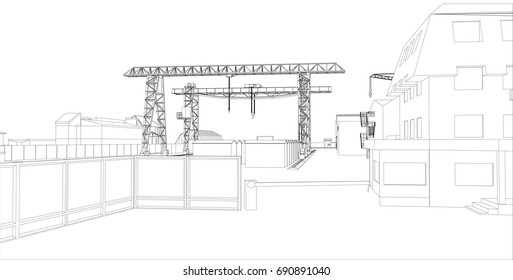 Industrial zone with buildings and cranes. Vector rendering of 3d