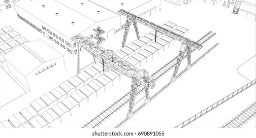 Industrial zone with buildings and cranes. Vector rendering of 3d