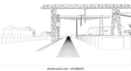 Industrial zone with buildings and cranes. Vector rendering of 3d
