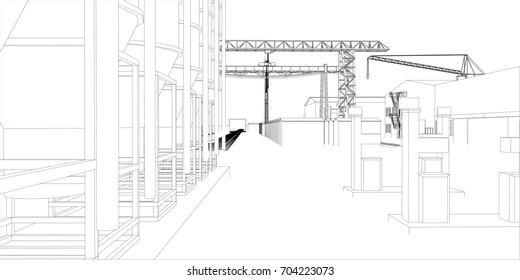 Industrial zone with buildings and cranes. Vector rendering of 3d