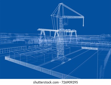 Industrial zone with buildings and cranes. Vector rendering of 3d