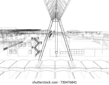 Industrial zone with buildings and cranes. Vector rendering of 3d