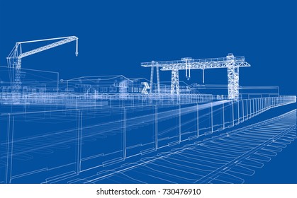 Industrial zone with buildings and cranes. Vector rendering of 3d