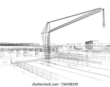 Industrial zone with buildings and cranes. Vector rendering of 3d