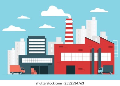 Industriezone mit Fabriken, Fabriken, Rohren, Autos, Lagerhäusern, Unternehmen in flacher Vektorgrafik