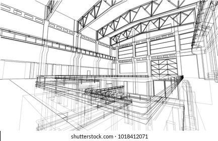 Industrial zone sketch. Vector rendering of 3d. Wire-frame style. The layers of visible and invisible lines are separated