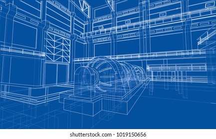 Industrial zone sketch. Vector rendering of 3d. Wire-frame style. The layers of visible and invisible lines are separated