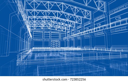 Industrial zone sketch. Vector rendering of 3d. Wire-frame style. The layers of visible and invisible lines are separated