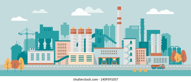 Industrial zone - vector illustration  with factories, plants, pipes, warehouses, enterprises in the flat style