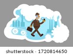 Industrialist 2D vector web banner, poster. Smog from urban facility. Heavy industry. Factory worker flat characters on cartoon background. Labor printable patches, colorful web elements