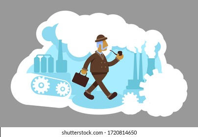 Industrialist 2D vector web banner, poster. Smog from urban facility. Heavy industry. Factory worker flat characters on cartoon background. Labor printable patches, colorful web elements