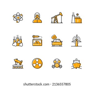Industrialization problems - modern line design style icons set with editable stroke. Oil production, emissions, factories, air pollution, nuclear waste, gas mask, alternative energy and contamination
