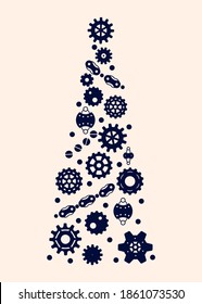 Industrial-style Christmas tree, steampunk. Industrial design, Wheels, gears details of mechanisms . Hand drawn Vector