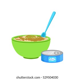 Industrical Canned Puree In Bowl Supplemental. Baby Food Products Allowed For First Feeding Of Small Child. Cartoon Illustration