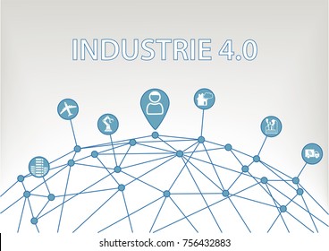 Industrie 4.0 Text auf weißem Hintergrund als Vektor Illustration mit Symbolen von vernetzen Objekten.