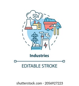 Industries concept icon. Outdoor air pollutant idea thin line illustration. Industrial pollution. Fossil fuels combustion. Power plants. Vector isolated outline RGB color drawing. Editable stroke