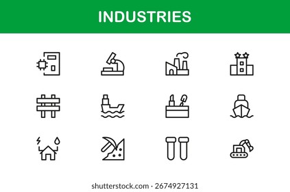 Industries Line Icon Set - Coleção profissional de vetor moderno para negócios, fábrica e tecnologia Mínimo Outline Symbols