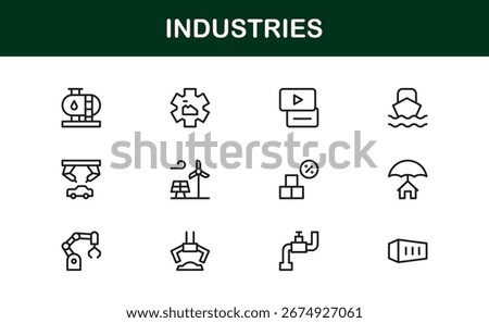 Industries Line Icon Set – Professional Modern Vector Collection for Business, Factory, and Technology Minimal Outline Symbols