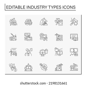 Industries line icons set. Different types of organisations or establishments. Services for people. Business concept. Isolated vector illustrations. Editable stroke