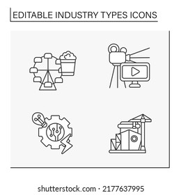 Industries line icons set. Entertainment, film, electronics and shipbuilding industries. Services for people. Business concept. Isolated vector illustrations. Editable stroke