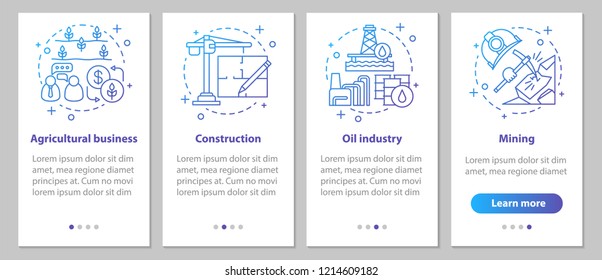 Industries onboarding mobile app page screen with linear concepts. Oil industry, construction, agricultural business, mining steps graphic instructions. UX, UI, GUI vector template with illustrations