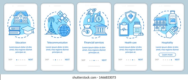 Industries onboarding mobile app page screen with linear concepts. Government and public services.  Five walkthrough steps graphic instructions. UX, UI, GUI vector template with illustrations