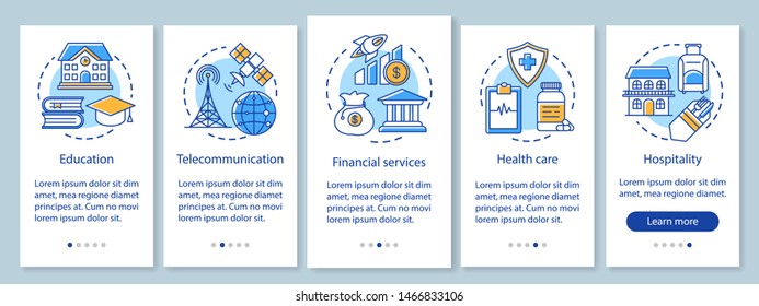 Industries onboarding mobile app page screen with linear concepts. Government and public services. Five walkthrough steps graphic instructions. UX, UI, GUI vector template with illustrations