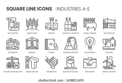 Industries related, pixel perfect, editable stroke, up scalable square line vector icon set. 