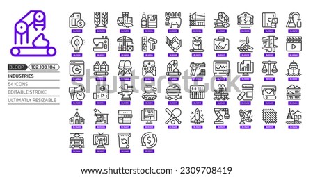 Industries related, pixel perfect, editable stroke, up scalable, line, vector bloop icon set.