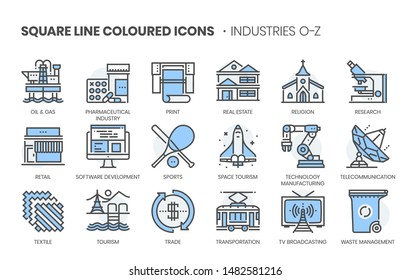 Industries related, square line color vector icon set for applications and website development. The icon set is editable stroke, pixel perfect and 64x64. Crafted with precision and eye for quality.