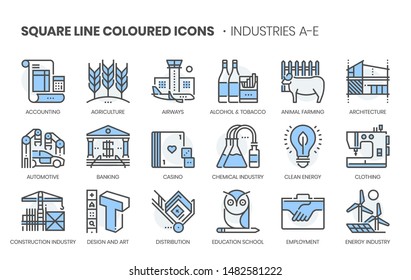 Industries related, square line color vector icon set for applications and website development. The icon set is editable stroke, pixel perfect and 64x64. Crafted with precision and eye for quality.