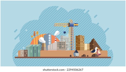 Industries that create pollution and cities that affected by pollution. Metaphor climate change, global warming and water crisis. Save the planet symbols. Environmental problem. Fire and oil pollution