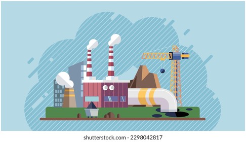 Industries that create pollution and cities that affected by pollution. Metaphor climate change, global warming and water crisis. Save the planet symbols. Environmental problem. Fire and oil pollution