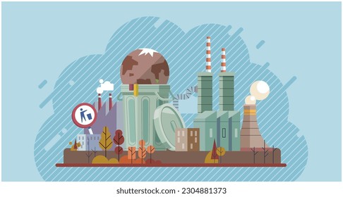 Industries that create pollution and cities that affected by pollution. Metaphor climate change, global warming and water crisis. Save the planet symbols. Environmental problem. Fire and oil pollution