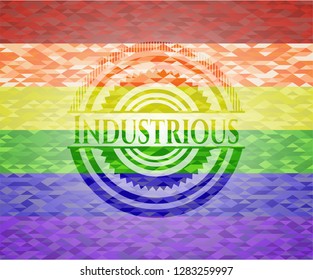 Industrious emblem on mosaic background with the colors of the LGBT flag