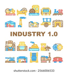industry 1 industrialization icons set vector. mechanization steam, factories textiles, innovation, production machinery industry 1 industrialization color line illustrations