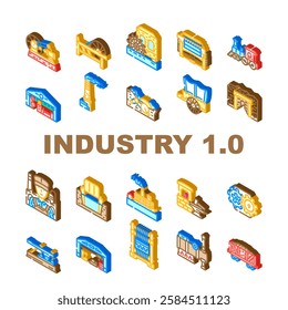 industry 1 industrialization icons set vector. mechanization steam, factories textiles, innovation, production machinery industry 1 industrialization isometric sign illustrations