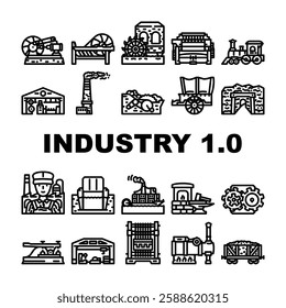 industry 1 industrialization icons set vector. mechanization steam, factories textiles, innovation, production machinery industry 1 industrialization black contour illustrations
