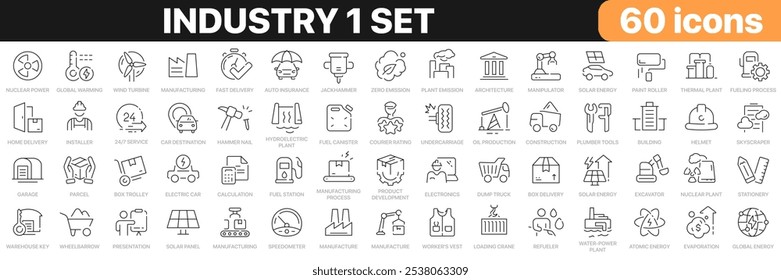 Industry 1 set line icons collection. Construction, manufacture, factory, energy, logistics, tools icons. UI icon set. Thin outline icons pack. Vector illustration EPS10