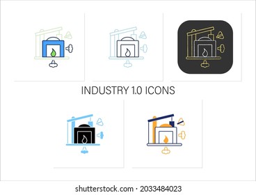Industry 1.0 icons set. Mechanization, water power. Steam power. Mechanized production. Digital transformation concept.Collection of icons in linear, filled, color styles.Isolated vector illustrations