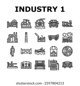 industry 1.0 industrialization icons set vector. mechanization steam, factories textiles, innovation, production machinery revolution industry 1.0 industrialization black contour illustrations