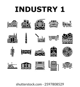 industry 1.0 industrialization icons set vector. mechanization steam, factories textiles, innovation, production machinery revolution industry 1.0 industrialization glyph pictogram Illustrations